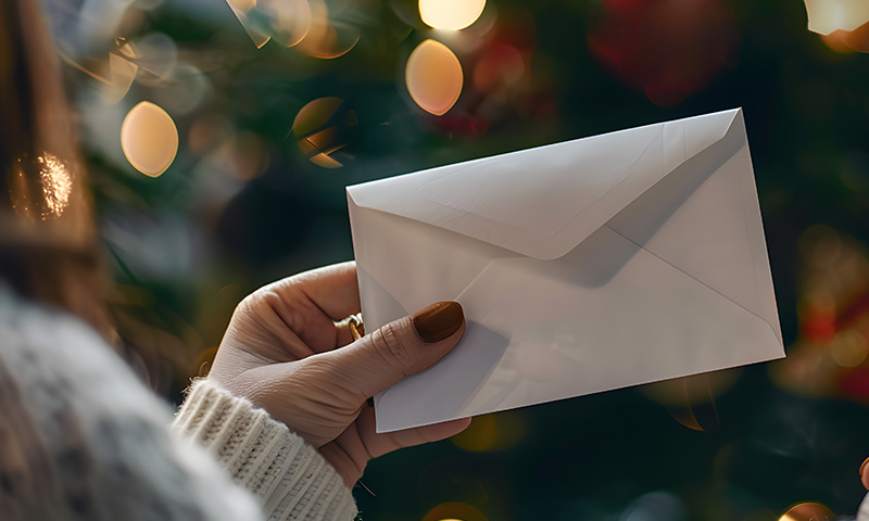 a female hand holding a white envelope